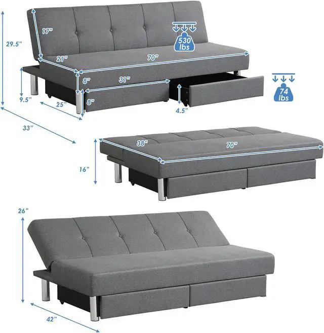 Alt view image 2 of 7 - Costway Convertible Futon Sofa Bed Adjustable Couch Sleeper w/ Two Drawers Grey