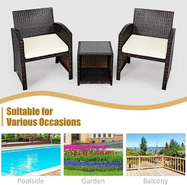 Alt view image 5 of 6 - Costway 3PCS Patio Rattan Wicker Furniture Cushion Sofa Coffee Table White