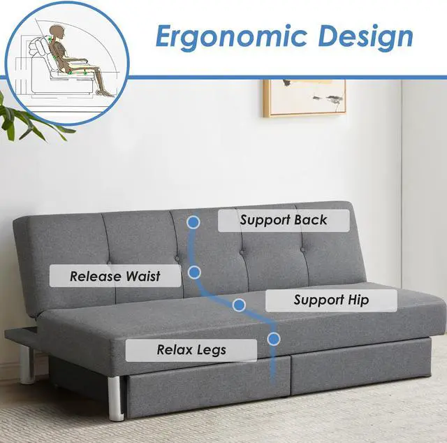 Alt view image 7 of 7 - Costway Convertible Futon Sofa Bed Adjustable Couch Sleeper w/ Two Drawers Grey