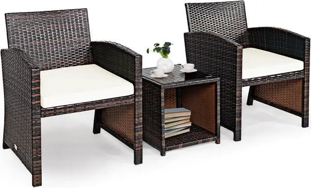 Alt view image 4 of 6 - Costway 3PCS Patio Rattan Wicker Furniture Cushion Sofa Coffee Table White