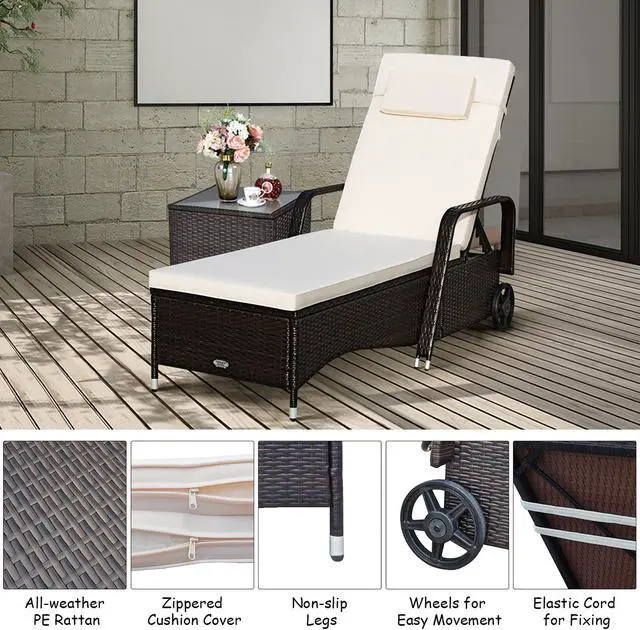 Alt view image 7 of 7 - Patio Rattan Lounge Chair Chaise Adjustable Recliner Cushioned Sofa Garden