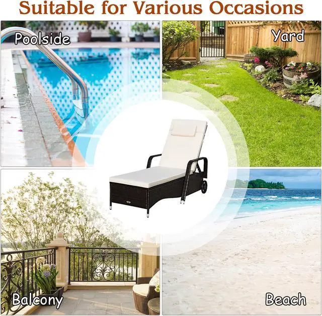 Alt view image 5 of 7 - Patio Rattan Lounge Chair Chaise Adjustable Recliner Cushioned Sofa Garden