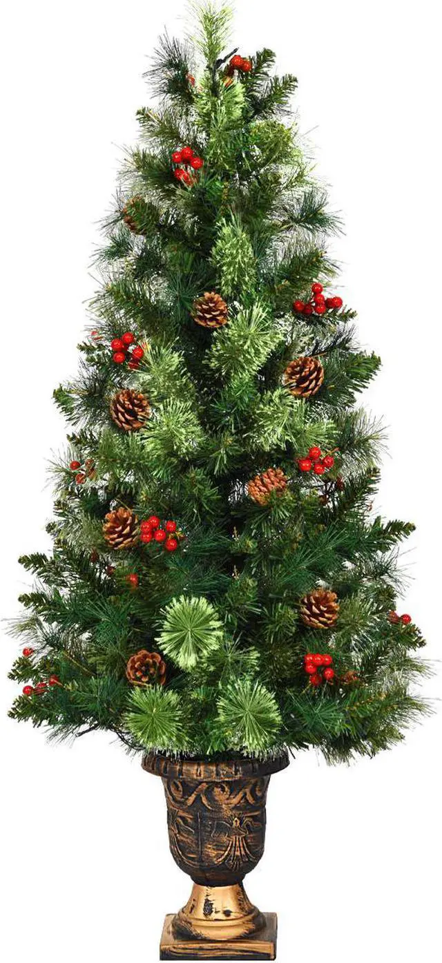 Alt view image 3 of 7 - Costway 3ft Pre-Lit Christmas Entrance Tree In Urn w/ 40 LED Light Red Berries Pine Cone