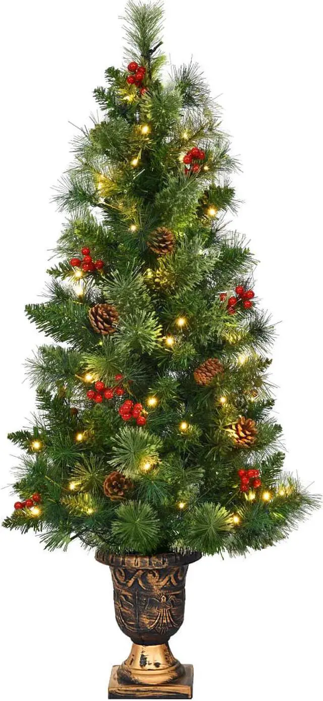 Main image of Costway 3ft Pre-Lit Christmas Entrance Tree In Urn w/ 40 LED Light Red Berries Pine Cone