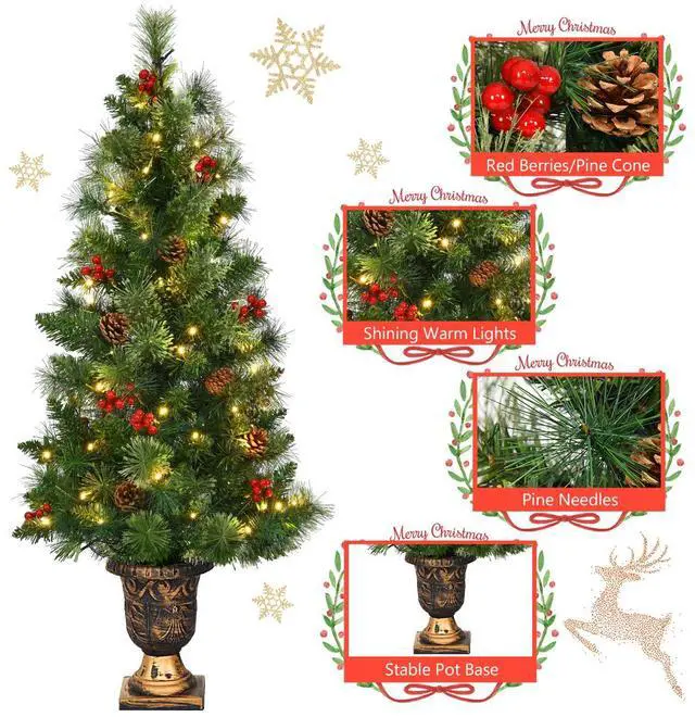 Alt view image 7 of 7 - Costway 3ft Pre-Lit Christmas Entrance Tree In Urn w/ 40 LED Light Red Berries Pine Cone