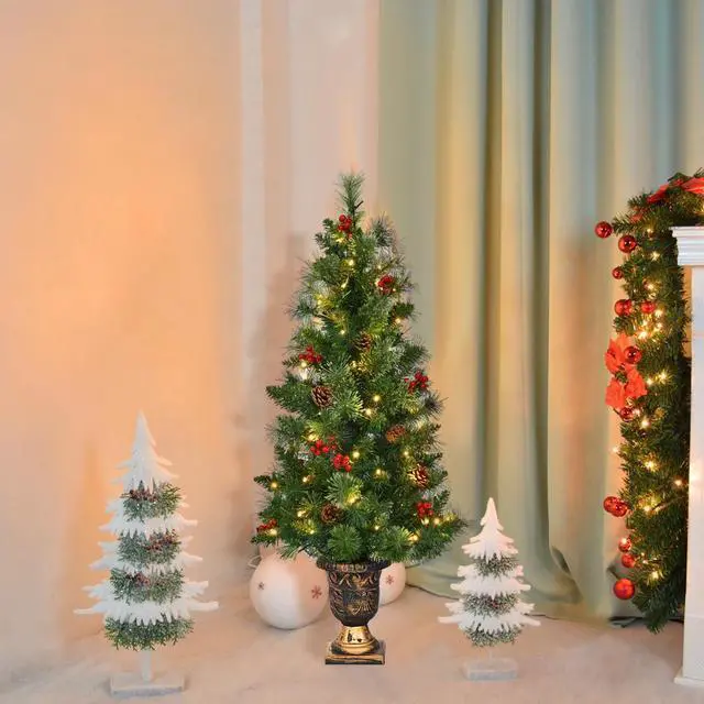 Alt view image 4 of 7 - Costway 3ft Pre-Lit Christmas Entrance Tree In Urn w/ 40 LED Light Red Berries Pine Cone
