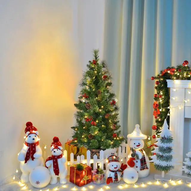 Alt view image 2 of 7 - Costway 3ft Pre-Lit Christmas Entrance Tree In Urn w/ 40 LED Light Red Berries Pine Cone