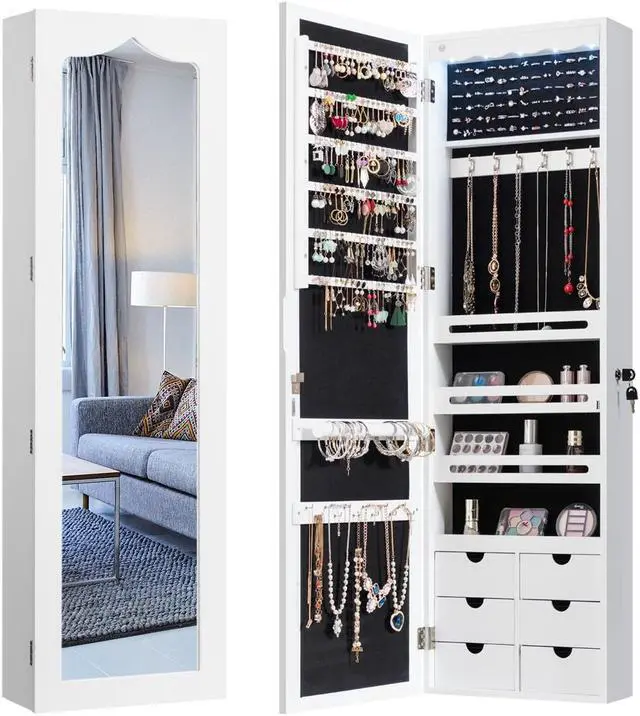 Alt view image 8 of 14 - Wall Door Mounted LED Mirror Jewelry Cabinet Lockable Armoire w/6 Drawers White