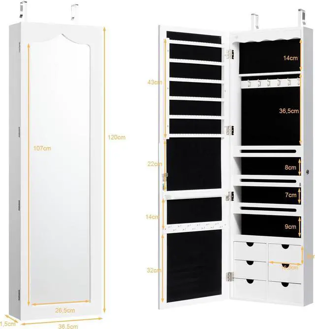 Alt view image 9 of 14 - Wall Door Mounted LED Mirror Jewelry Cabinet Lockable Armoire w/6 Drawers White