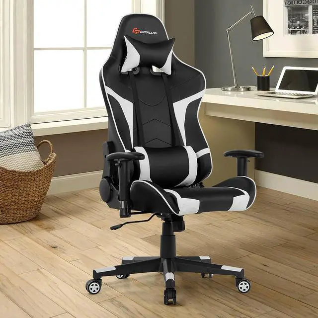 Alt view image 2 of 6 - Massage Gaming Chair Reclining Swivel Racing Office Chair w/Lumbar Support White