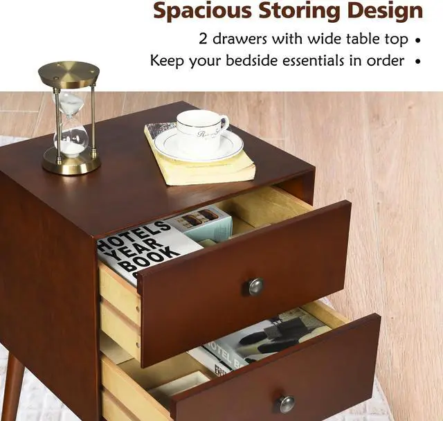 Alt view image 6 of 7 - Costway Nightstand Mid-Century End Side Table 2 Drawers Rubber Wood Legs Living Room