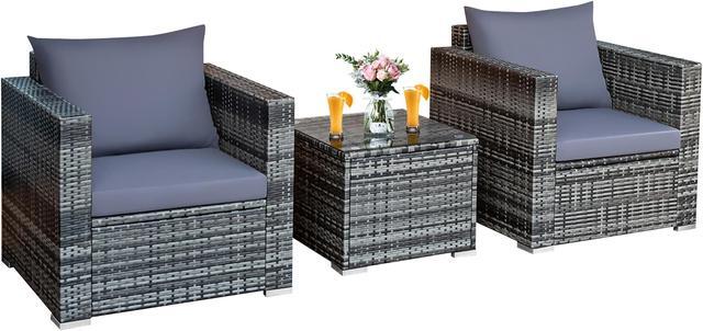 Alt view image 2 of 6 - Costway 3 PCS Patio Rattan Furniture Bistro Set Cushioned Sofa Chair Glass Table Garden