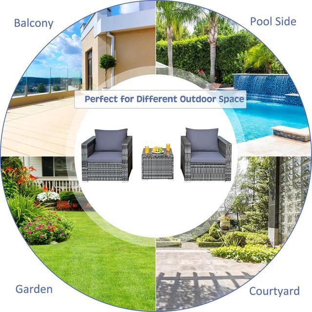 Alt view image 5 of 6 - Costway 3 PCS Patio Rattan Furniture Bistro Set Cushioned Sofa Chair Glass Table Garden