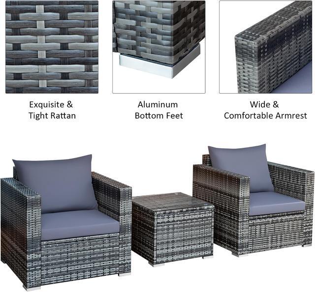 Alt view image 6 of 6 - Costway 3 PCS Patio Rattan Furniture Bistro Set Cushioned Sofa Chair Glass Table Garden