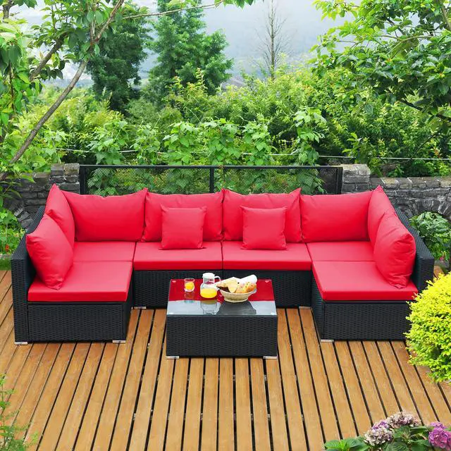 Main image of Costway 7PCS Patio Wicker Sofa Set Sectional Conversation Furniture Set Garden Red