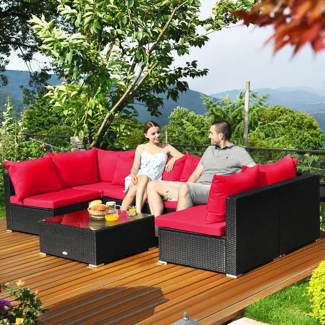 Alt view image 3 of 4 - Costway 7PCS Patio Wicker Sofa Set Sectional Conversation Furniture Set Garden Red