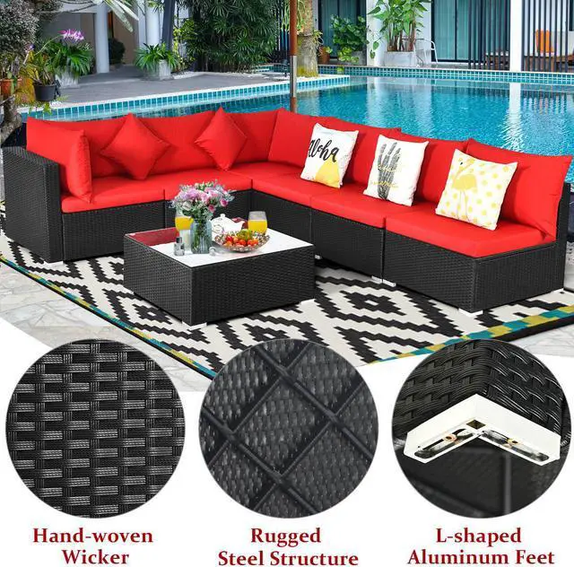 Alt view image 4 of 4 - Costway 7PCS Patio Wicker Sofa Set Sectional Conversation Furniture Set Garden Red