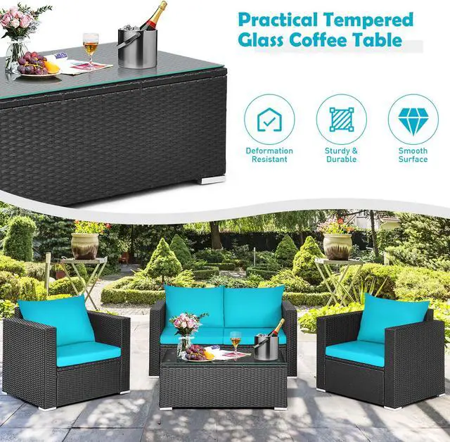 Alt view image 5 of 7 - Costway 4PCS Patio Rattan Cushioned Sofa Chair Coffee Table Turquoise