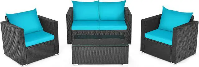 Alt view image 2 of 7 - Costway 4PCS Patio Rattan Cushioned Sofa Chair Coffee Table Turquoise