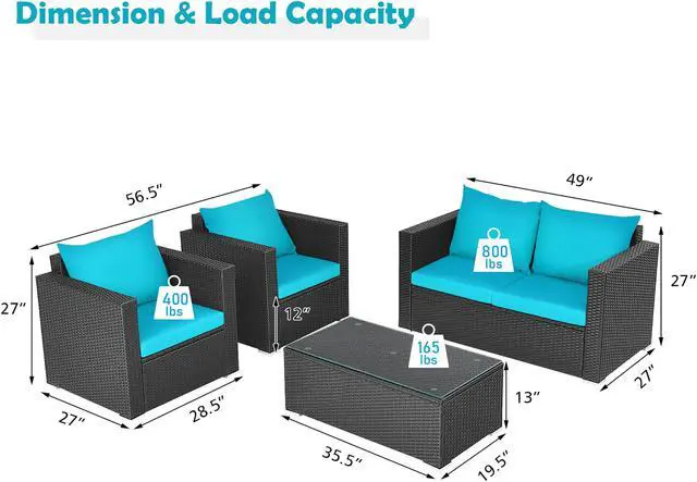 Alt view image 3 of 7 - Costway 4PCS Patio Rattan Cushioned Sofa Chair Coffee Table Turquoise