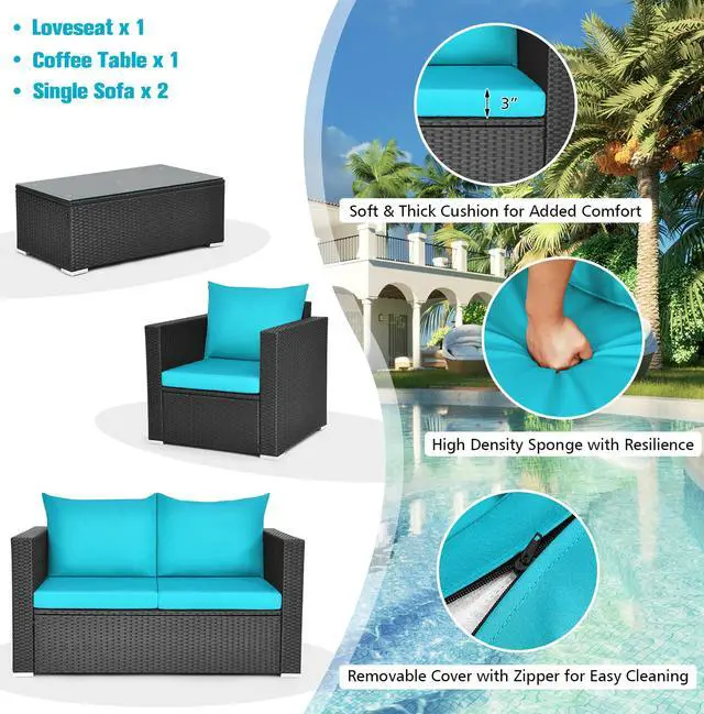 Alt view image 7 of 7 - Costway 4PCS Patio Rattan Cushioned Sofa Chair Coffee Table Turquoise