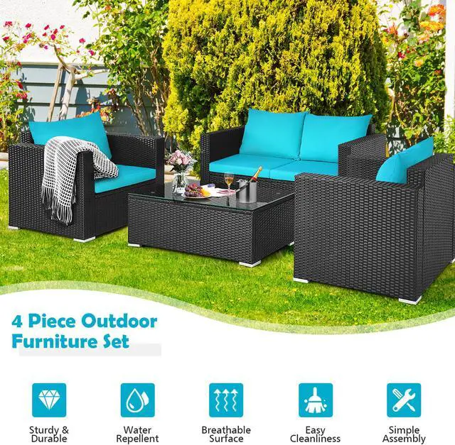 Alt view image 6 of 7 - Costway 4PCS Patio Rattan Cushioned Sofa Chair Coffee Table Turquoise