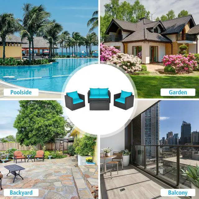 Alt view image 4 of 7 - Costway 4PCS Patio Rattan Cushioned Sofa Chair Coffee Table Turquoise