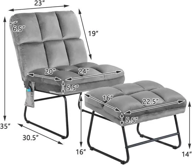 Alt view image 3 of 7 - Electric Massage Chair Vibrating Velvet Sofa w/Ottoman and Remote Control Gray