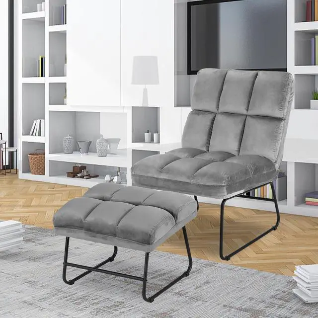 Alt view image 2 of 7 - Electric Massage Chair Vibrating Velvet Sofa w/Ottoman and Remote Control Gray