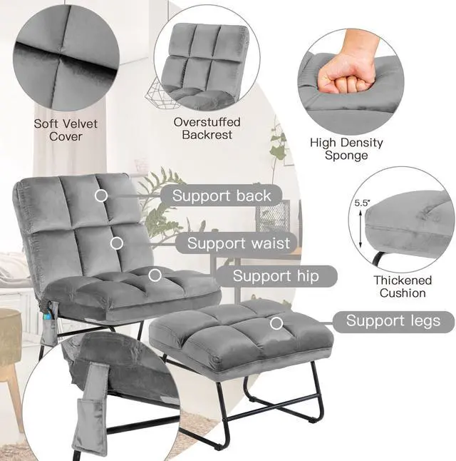 Alt view image 7 of 7 - Electric Massage Chair Vibrating Velvet Sofa w/Ottoman and Remote Control Gray