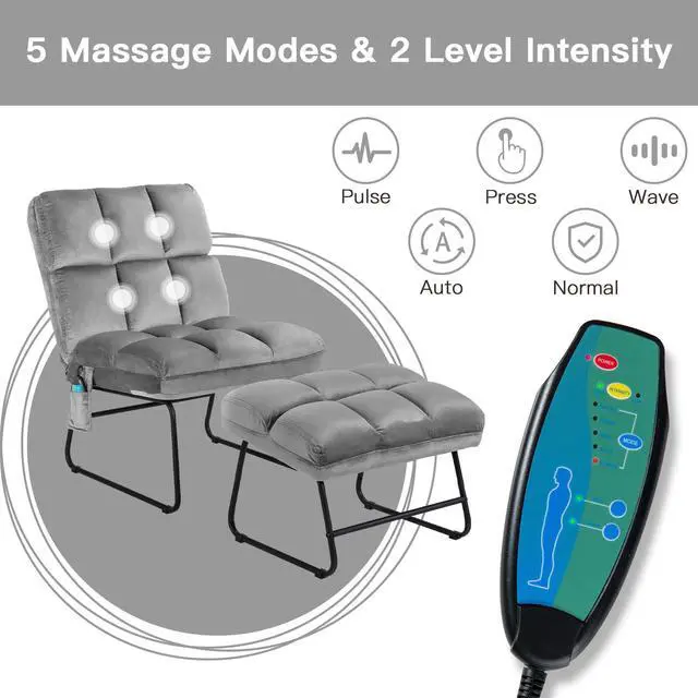Alt view image 5 of 7 - Electric Massage Chair Vibrating Velvet Sofa w/Ottoman and Remote Control Gray