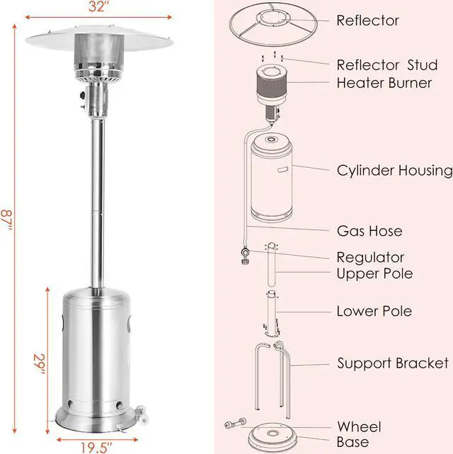 Alt view image 3 of 7 - Costway 50000 BTU Propane Patio Heater Standing Steel with Wheels Silver