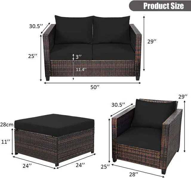 Alt view image 2 of 5 - Costway 5PCS Patio Rattan Furniture Set Loveseat Sofa Ottoman Cushioned Black