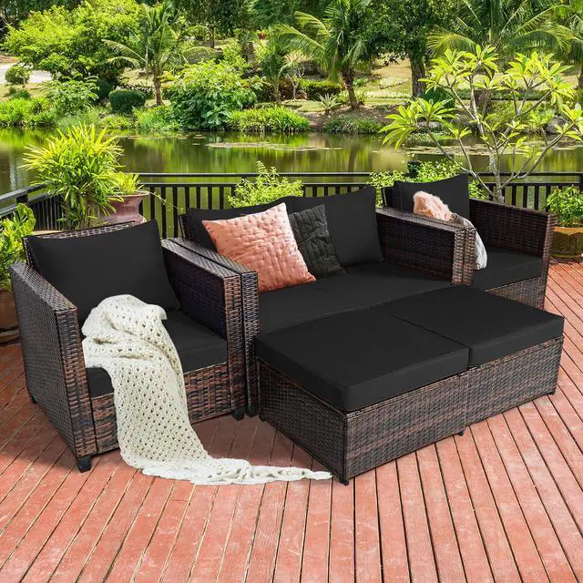 Main image of Costway 5PCS Patio Rattan Furniture Set Loveseat Sofa Ottoman Cushioned Black