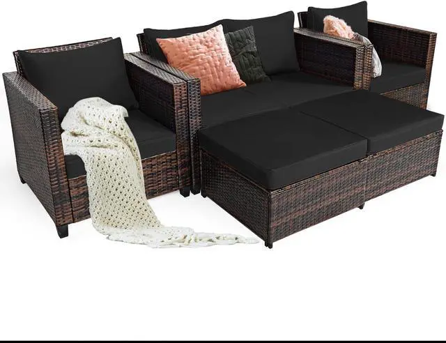 Alt view image 3 of 5 - Costway 5PCS Patio Rattan Furniture Set Loveseat Sofa Ottoman Cushioned Black