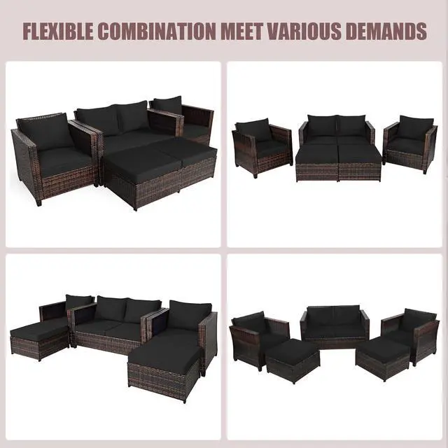 Alt view image 5 of 5 - Costway 5PCS Patio Rattan Furniture Set Loveseat Sofa Ottoman Cushioned Black