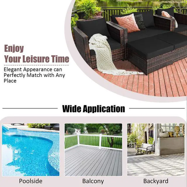 Alt view image 4 of 5 - Costway 5PCS Patio Rattan Furniture Set Loveseat Sofa Ottoman Cushioned Black