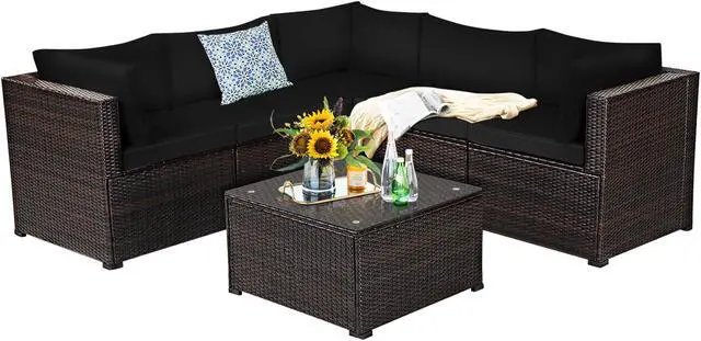 Alt view image 3 of 7 - Costway  6PCS Patio Rattan Furniture Set Sectional Cushioned Sofa Deck Black