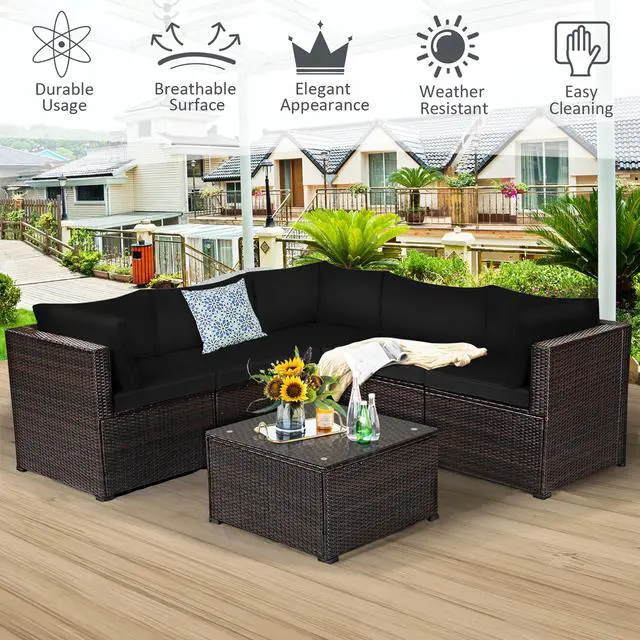 Alt view image 5 of 7 - Costway  6PCS Patio Rattan Furniture Set Sectional Cushioned Sofa Deck Black