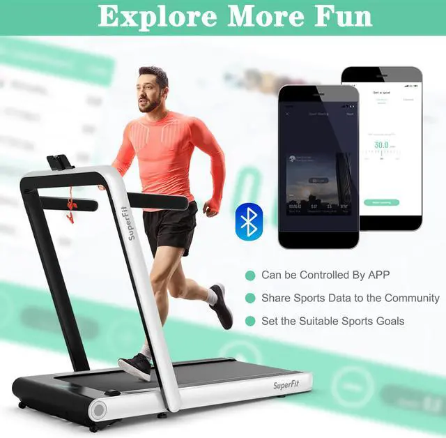Alt view image 5 of 7 - SuperFit 4.75HP 2 In 1 Folding Treadmill W/Remote APP Control White