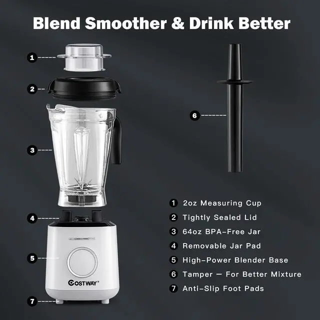 Alt view image 7 of 7 - Costway 1500W Countertop Smoothies Blender 10 Speed w/ 6 Pre-Setting Programs
