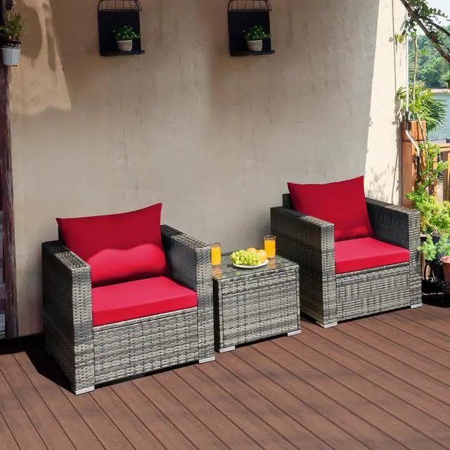 Main image of Costway 3 PC Patio Rattan Furniture Bistro Set Cushioned Sofa Chair Table Red