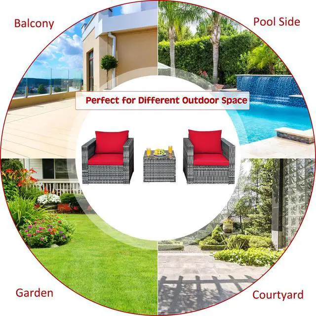Alt view image 6 of 7 - Costway 3 PC Patio Rattan Furniture Bistro Set Cushioned Sofa Chair Table Red