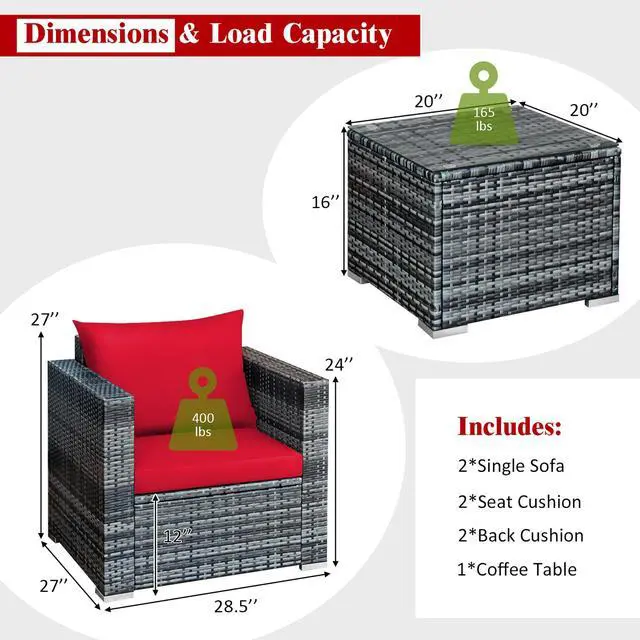 Alt view image 4 of 7 - Costway 3 PC Patio Rattan Furniture Bistro Set Cushioned Sofa Chair Table Red