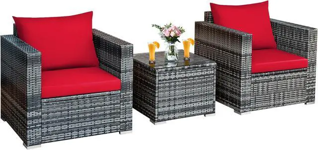 Alt view image 5 of 7 - Costway 3 PC Patio Rattan Furniture Bistro Set Cushioned Sofa Chair Table Red