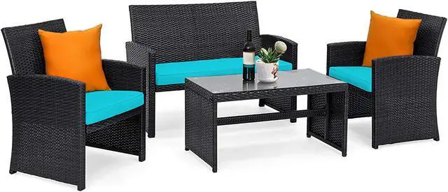Alt view image 2 of 7 - Costway 4PCS Patio Rattan Furniture Conversation Set Cushion Sofa Table Garden Turquoise