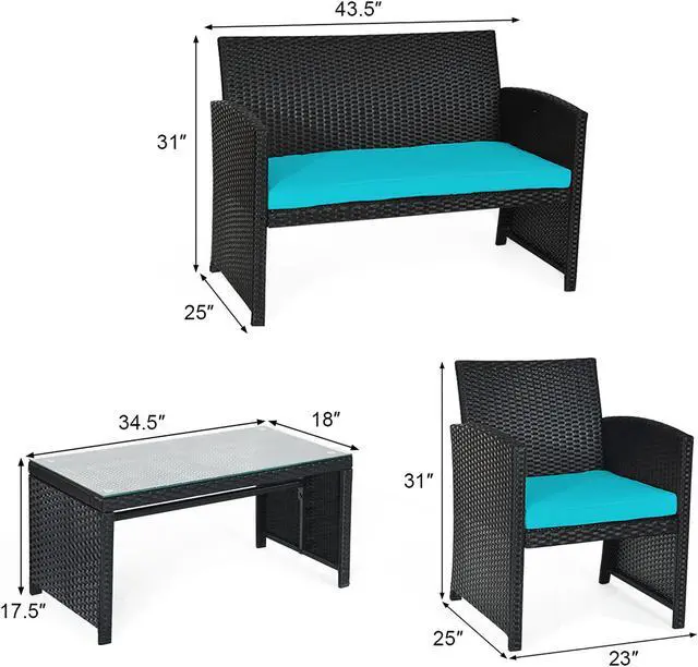 Alt view image 3 of 7 - Costway 4PCS Patio Rattan Furniture Conversation Set Cushion Sofa Table Garden Turquoise