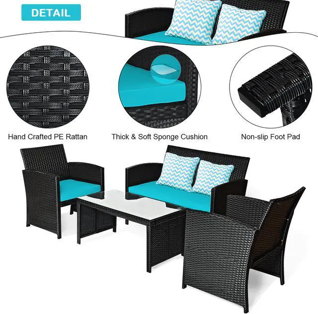 Alt view image 4 of 7 - Costway 4PCS Patio Rattan Furniture Conversation Set Cushion Sofa Table Garden Turquoise