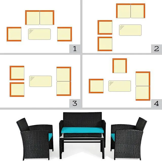 Alt view image 6 of 7 - Costway 4PCS Patio Rattan Furniture Conversation Set Cushion Sofa Table Garden Turquoise