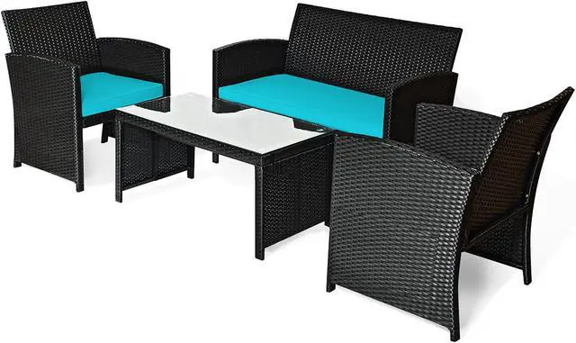Alt view image 7 of 7 - Costway 4PCS Patio Rattan Furniture Conversation Set Cushion Sofa Table Garden Turquoise